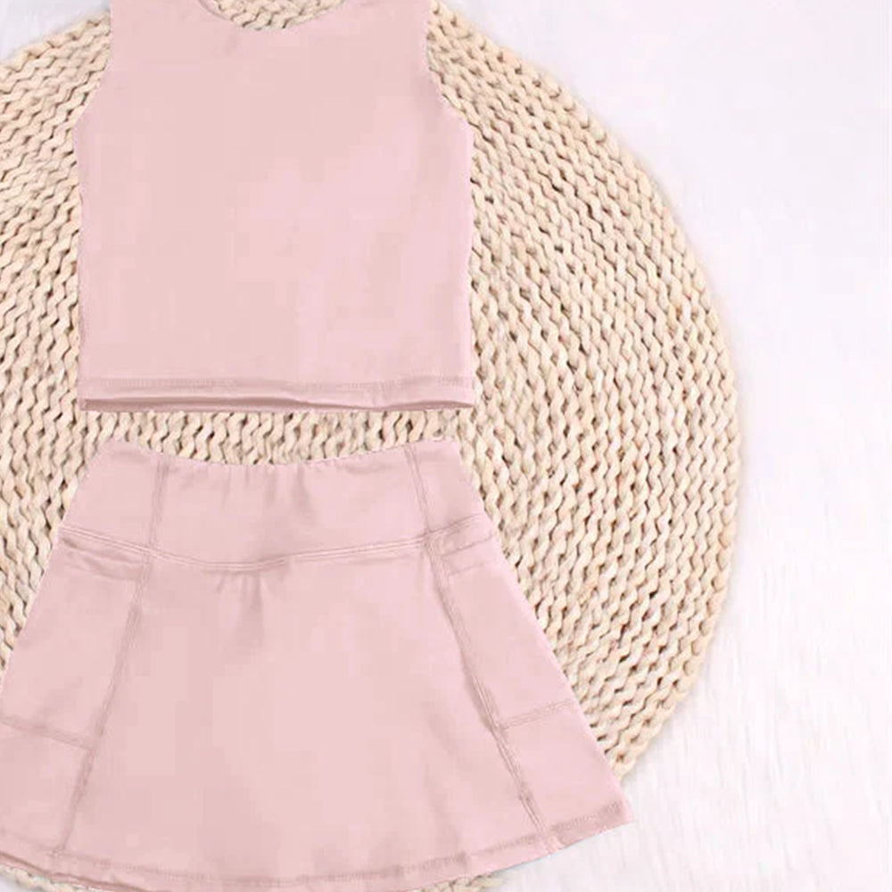 7.14 GSD1977 RTS NO MOQ Baby Girls Yoga Outfits Baby Girls Peach Sleeveless Top Pockets Skirt Yoga Set