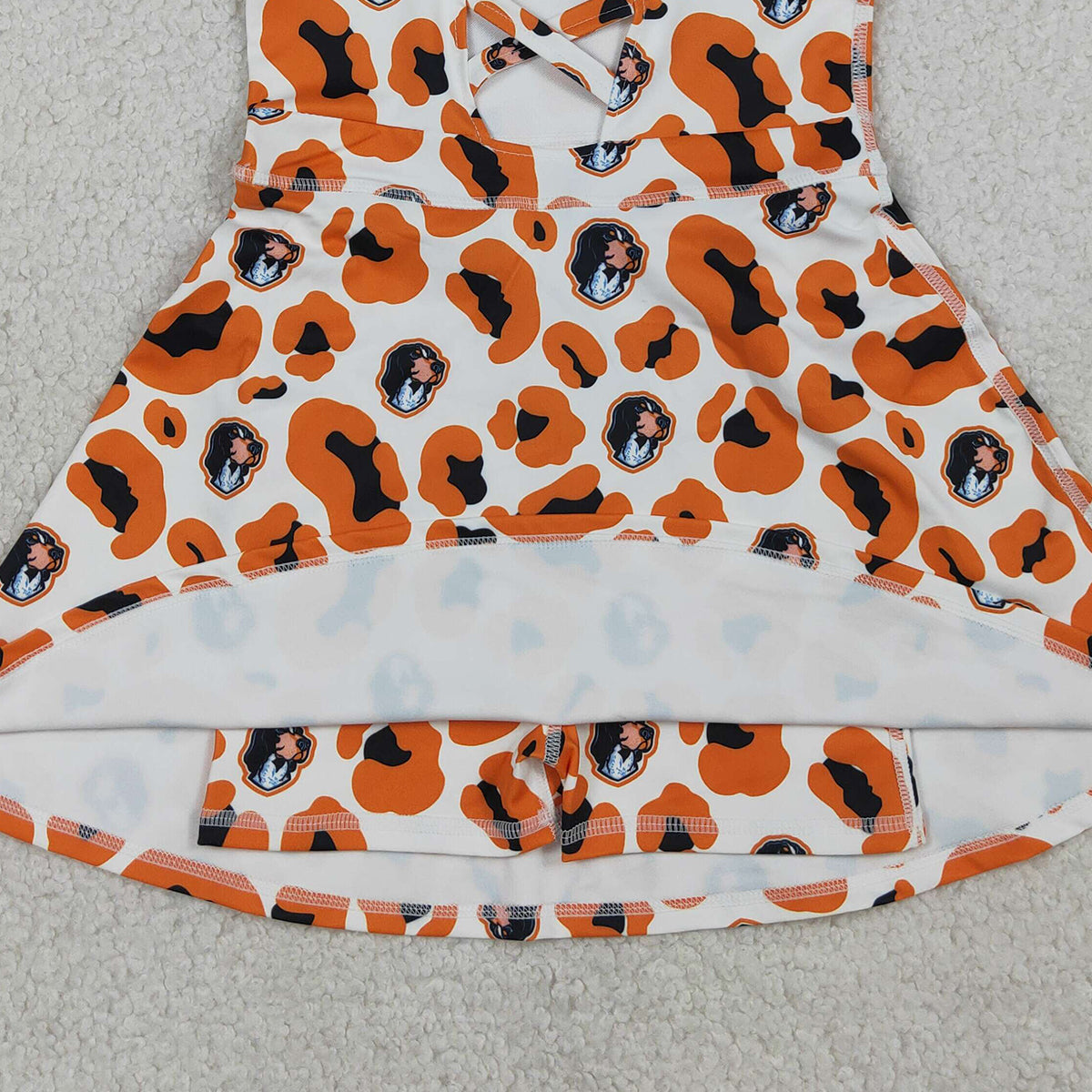 3.20 RTS NO MOQ （In stock）GSD3634 Kids Fashion Clothes Baby Girls Strap Orange Leopard Team Yoga Active Shorts Knee Length Dress