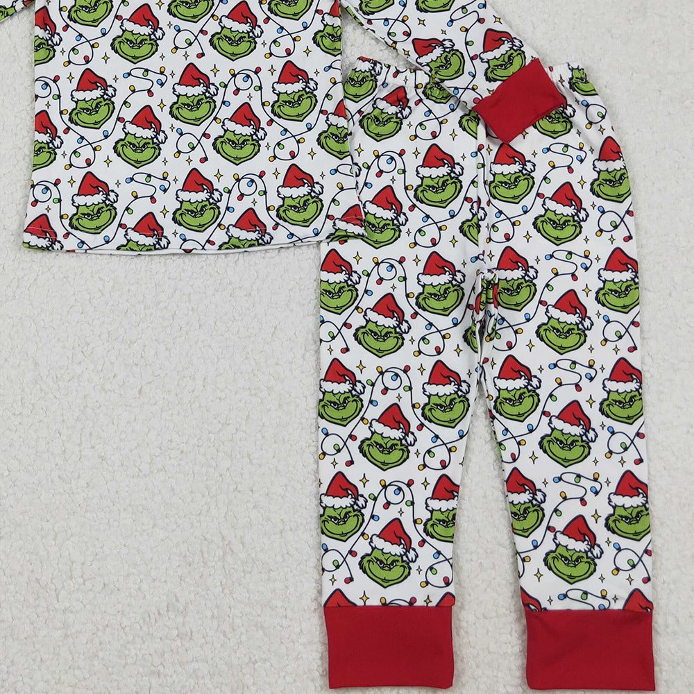 RTS NO MOQ （In stock）BLP1225  Baby Boys Winter Outfits Christmas Lights Green Faces Top Pant Pajamas Set