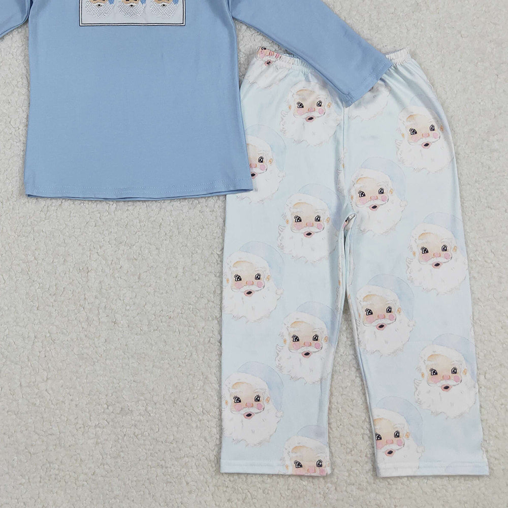 RTS NO MOQ （In stock）BLP0505 Baby Boys Winter Outfits Christmas Blue Santas Shirt Pants Clothes Sets