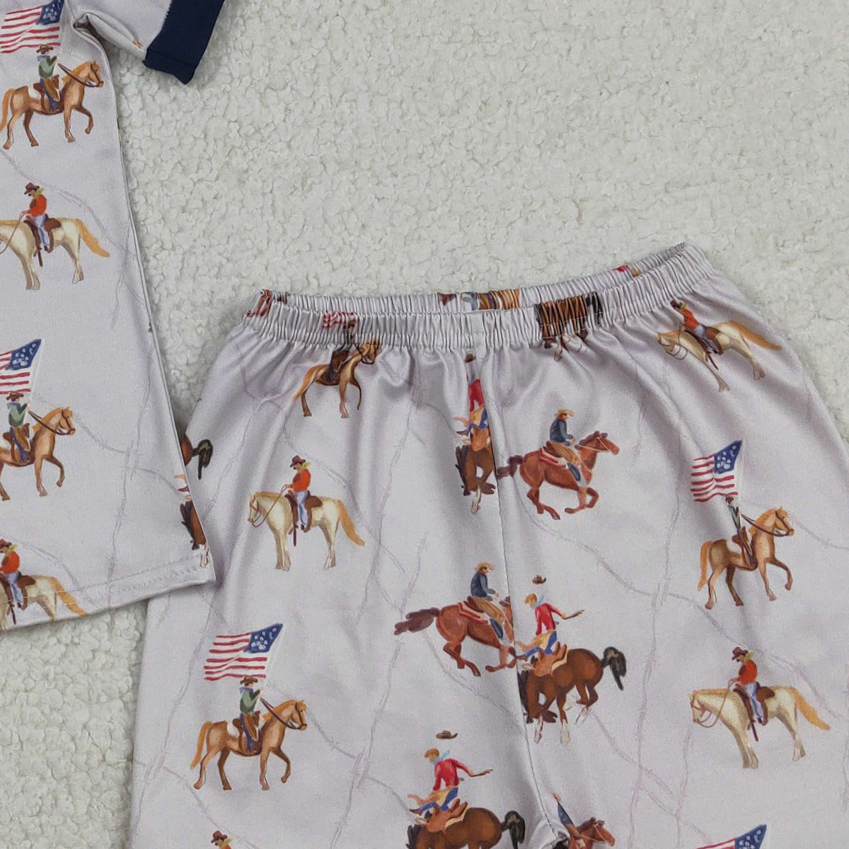 3.17 RTS NO MOQ （In stock）BSSO1497 Fashion Clothing For Baby Boys Colorful Horse Rodeos Flags Button Top Short 4th Of July Pajamas Set
