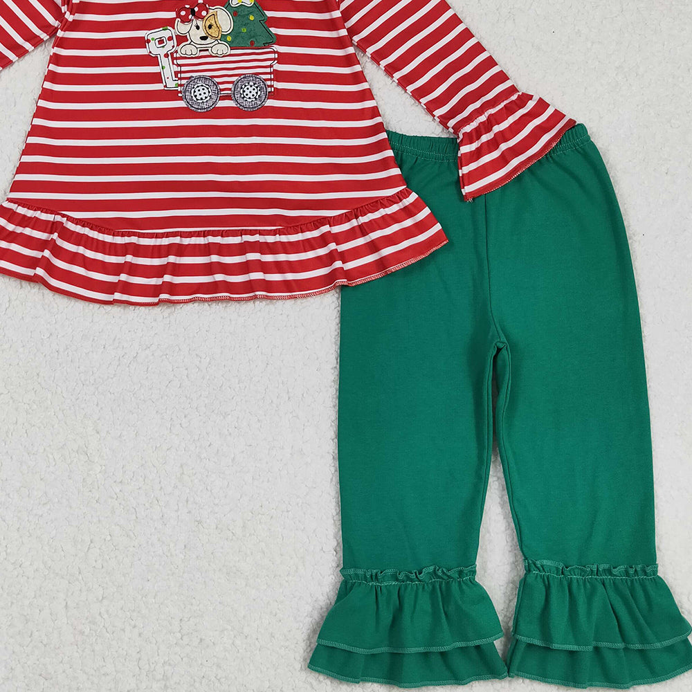 RTS NO MOQ （In stock）GLP2580 Baby Girls Winter Outfits  Long Sleeves Christmas Trees Dogs Trucks Tunic Ruffle Pant Set Outfit