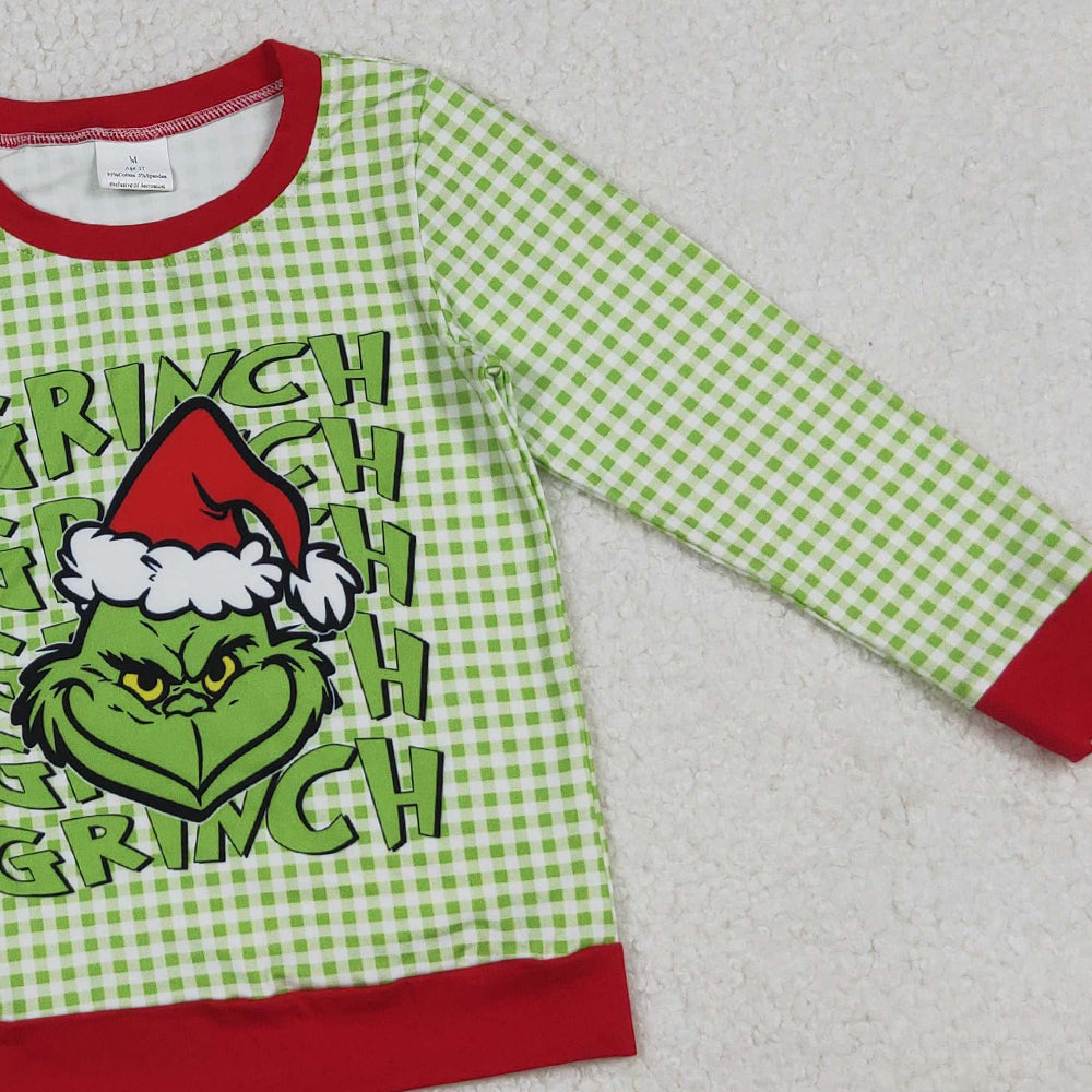 9.27 RTS NO MOQ （In stock）BT1321 Baby Boys Long Sleeve Tops Baby Boys Green Face Plaid Christmas Tee Shirts Top