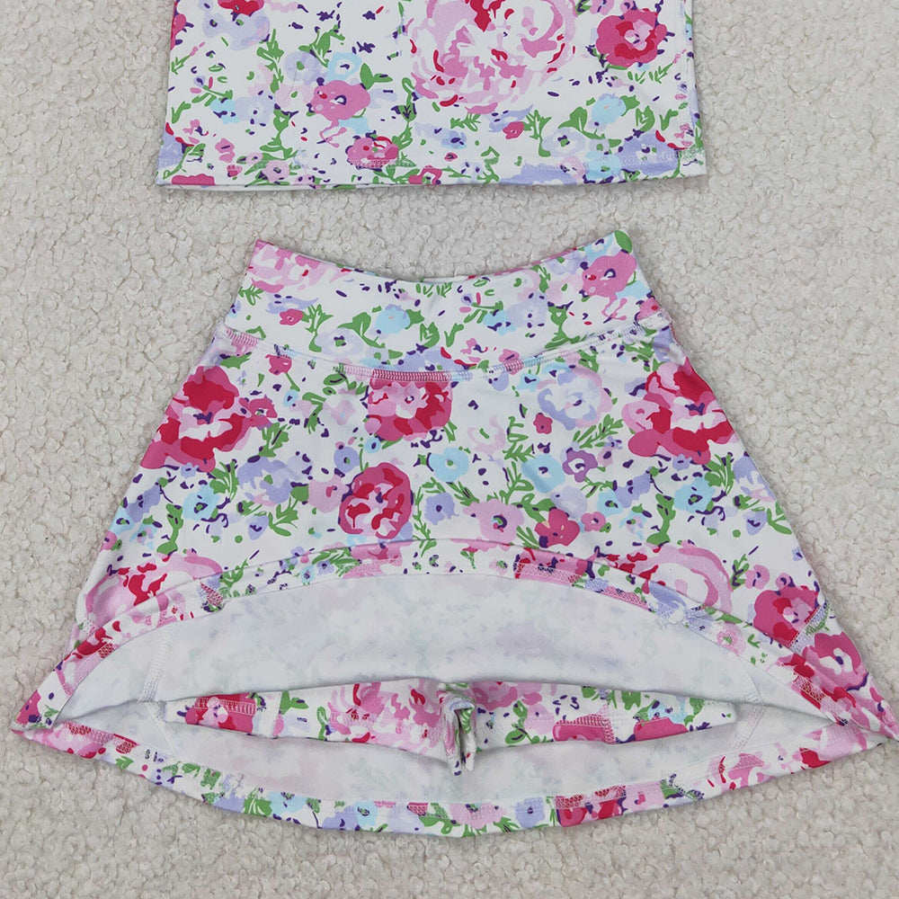 GSD1989  RTS NO MOQ Baby Girls Summer Yoga Outfits Sleeveless floral top skirt girls activewear clothing set