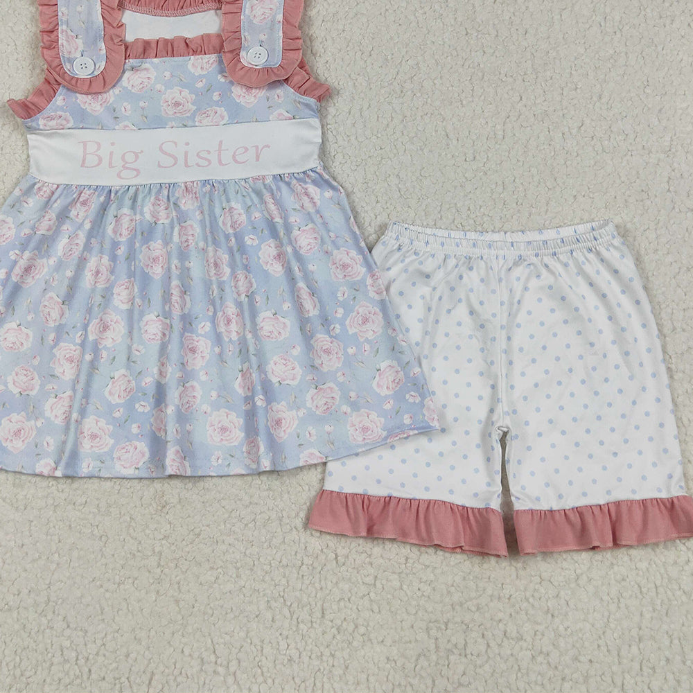 7.10  GSSO2350 RTS NO MOQ Baby Girls Summer Outfits Baby Girls Sleeveless Pink Floral Big Sister Tunic Polka Dots Short Set