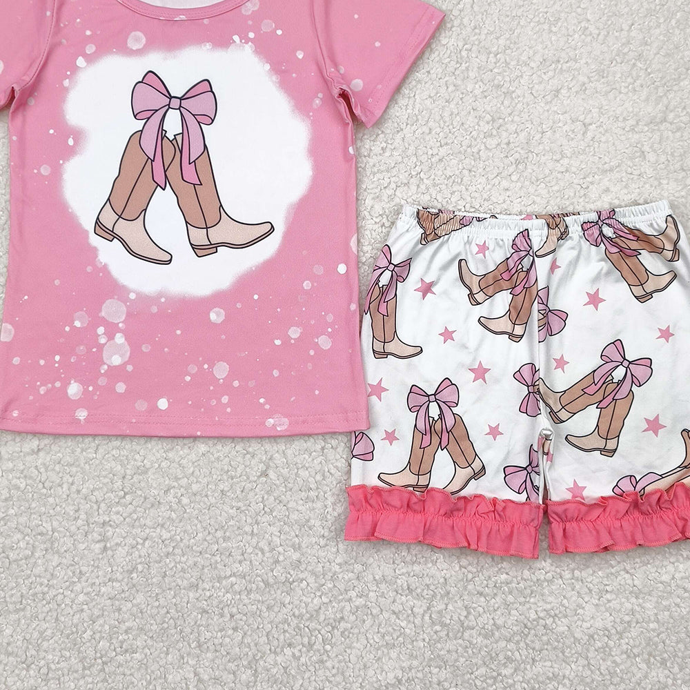 GSSO2354RTS NO MOQ Baby Girls Summer Outfits Girls Pink Bleached Bow Top Ruffle Shorts Set Cute Casual Outfit for Kids