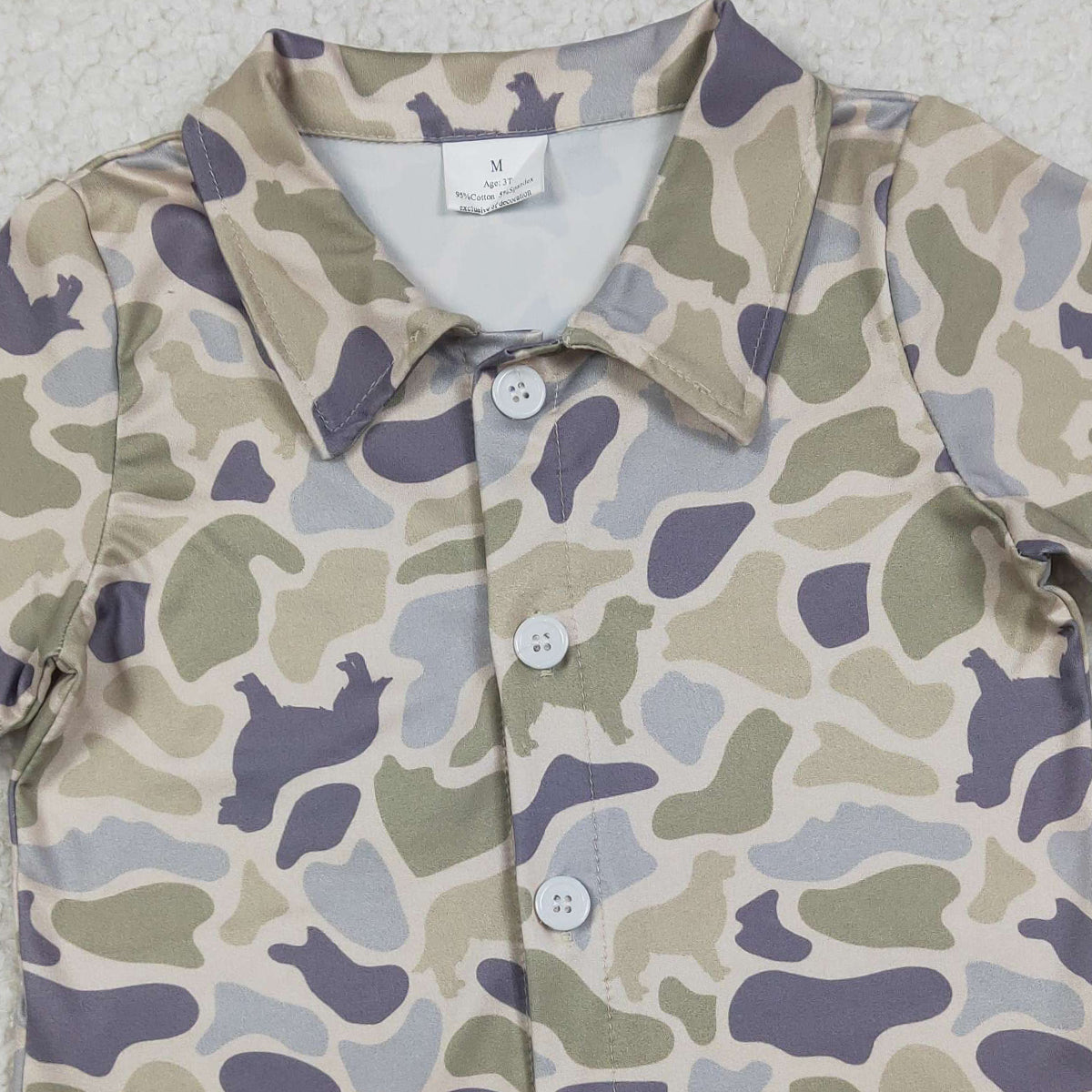 12.29 RTS NO MOQ （In stock）BT1563 Baby Boys Southern Dogs Camo Hunting Button Shirts Top
