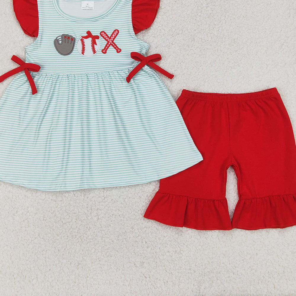5.20 GSSO2317 RTS NO MOQ Baby Girls Summer Outfits  Embroidery Baby Girls Baseball Flutter Sleeve Tunic Ruffle Shorts Clothes Sets