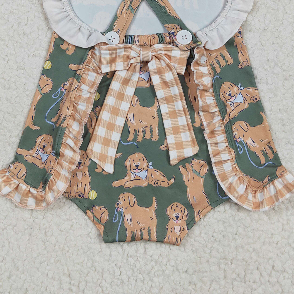 4.26 SR2986RTS NO MOQ Baby Girls Summer Rompers  Straps khaki plaid ruffle dogs baby girls summer romper