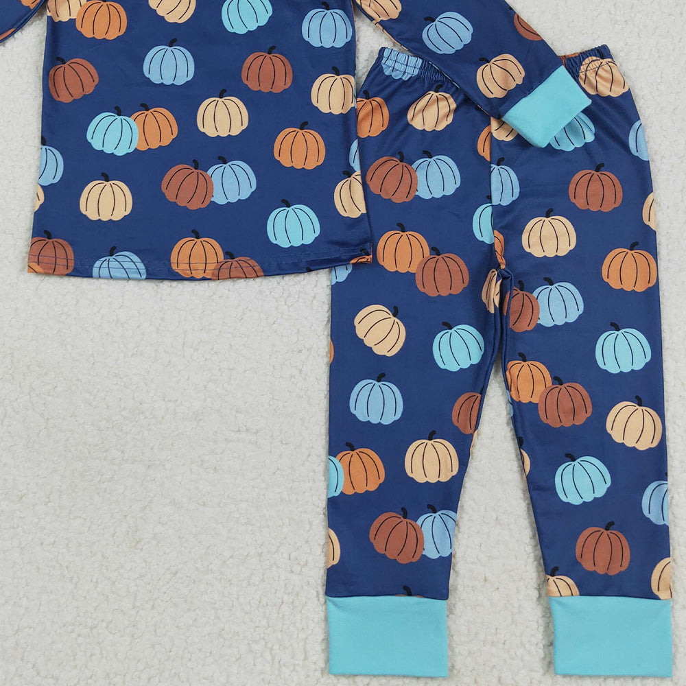 RTS NO MOQ （In stock）BLP1153 Baby Boys Winter Outfits Baby Boys Long Sleeves Fall Blue Pumpkins Top Pant Pajamas Sets