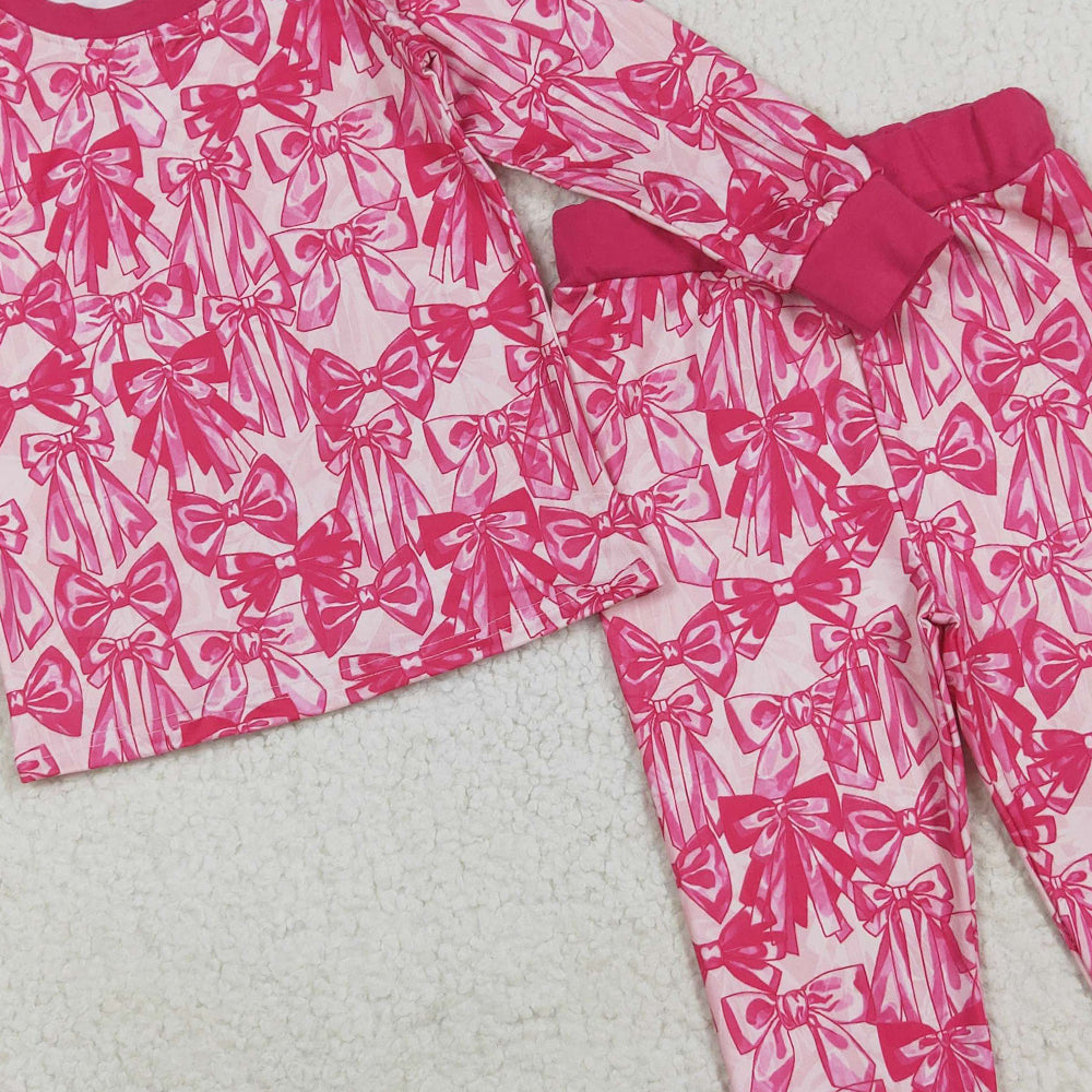 RTS NO MOQ （In stock）GLP2539 Baby Girls Winter Outfits Baby Girls Hot Pink Bows Plaid Top Pant Pajamas Set