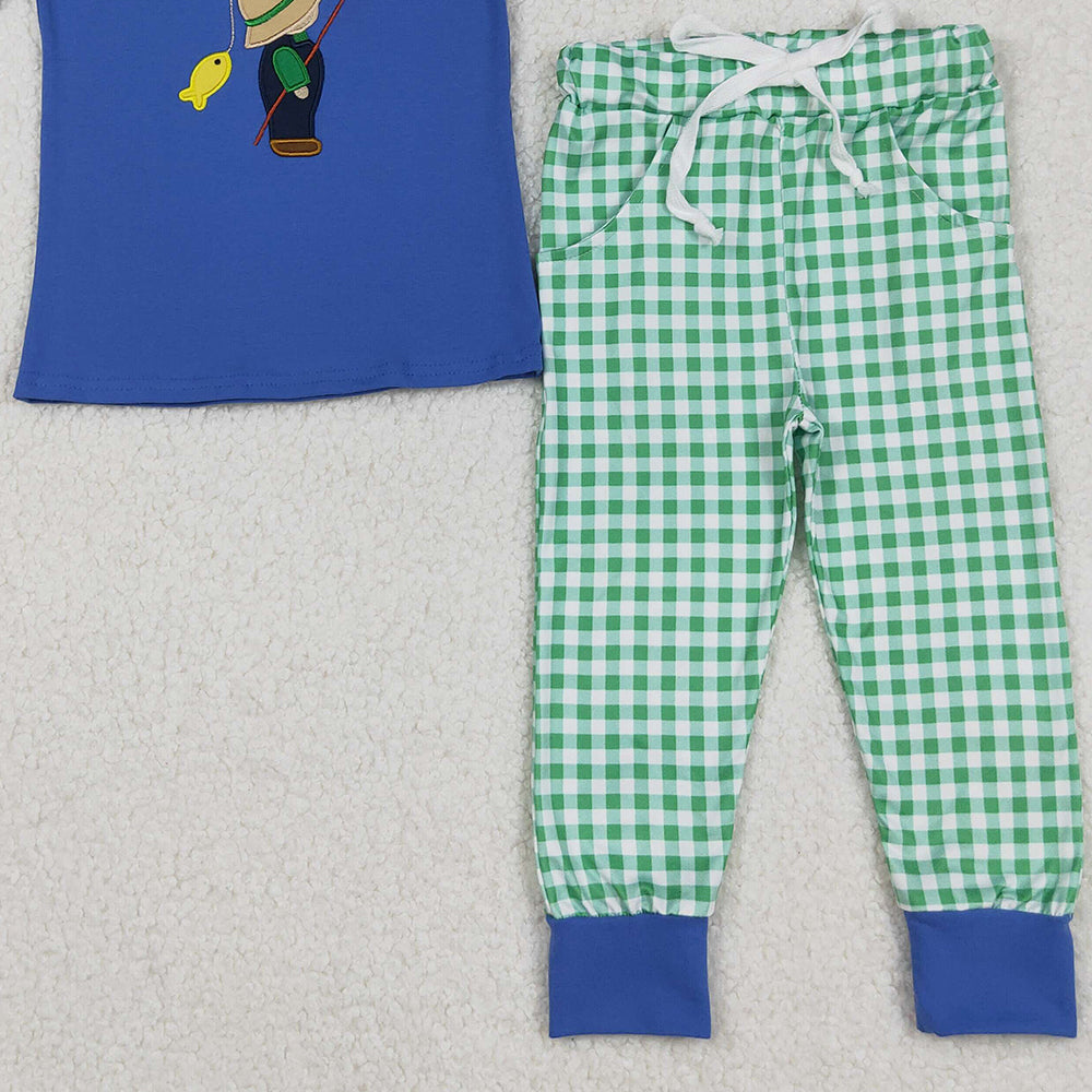RTS NO MOQ （In stock）BSPO0506 Baby Boys Autumn Outfits Blue Plaid Short Sleeve Fishing Top And Pants Boys Clothing Set