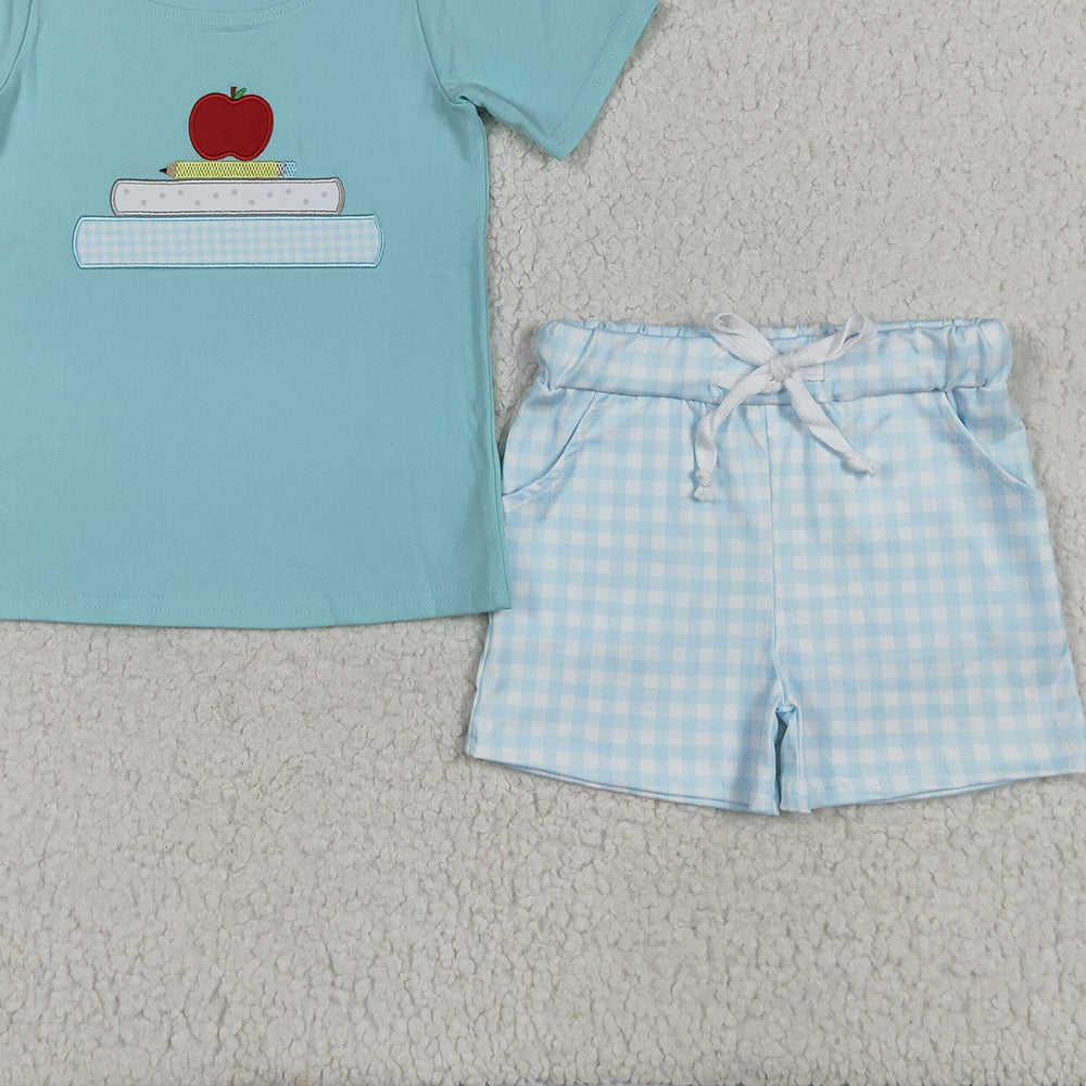7.01 BSSO1329 RTS NO MOQ Baby Boys Summer Boys Outfits Baby Boys Embroidery Apple Pencil Top Pockets Shorts Back To School Clothes Sets