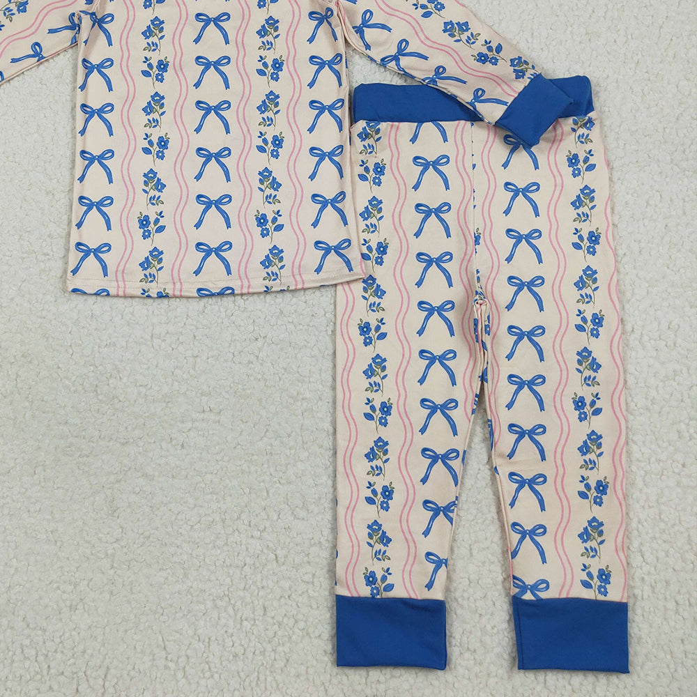 RTS NO MOQ （In stock）GLP2505  Baby Girls Winter Outfits Baby Girls Long Sleeves Blue Bows Flower Stripe Top Pants Pajamas Sets