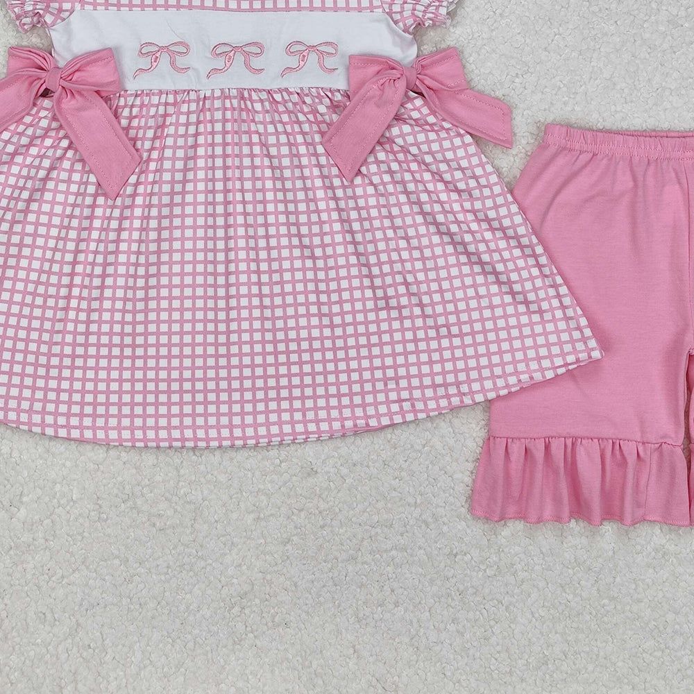 GSSO1879Girls Pink Plaid Bow Tunic Ruffle Shorts Set - Cute Preppy Outfit for Ages 2-12