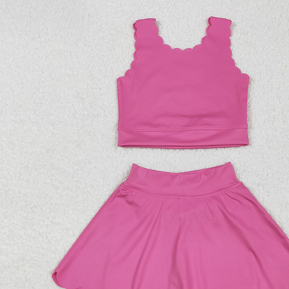 7.23  GSD2092 RTS NO MOQ Baby Girls Yoga Outfits Baby Girls Hot Pink Yoga Vest Skirt Active Wear Clothes Sets
