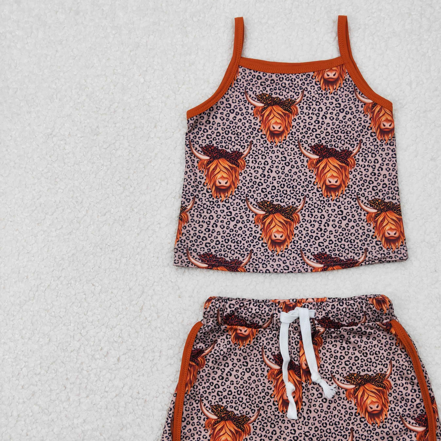 GSSO2341RTS NO MOQ Baby Girls Summer Outfits Girls Western Outfits Leopard Highland Cow Top with Straps Short Set Cute Animal Print Country Style Top And Shorts Ensemble