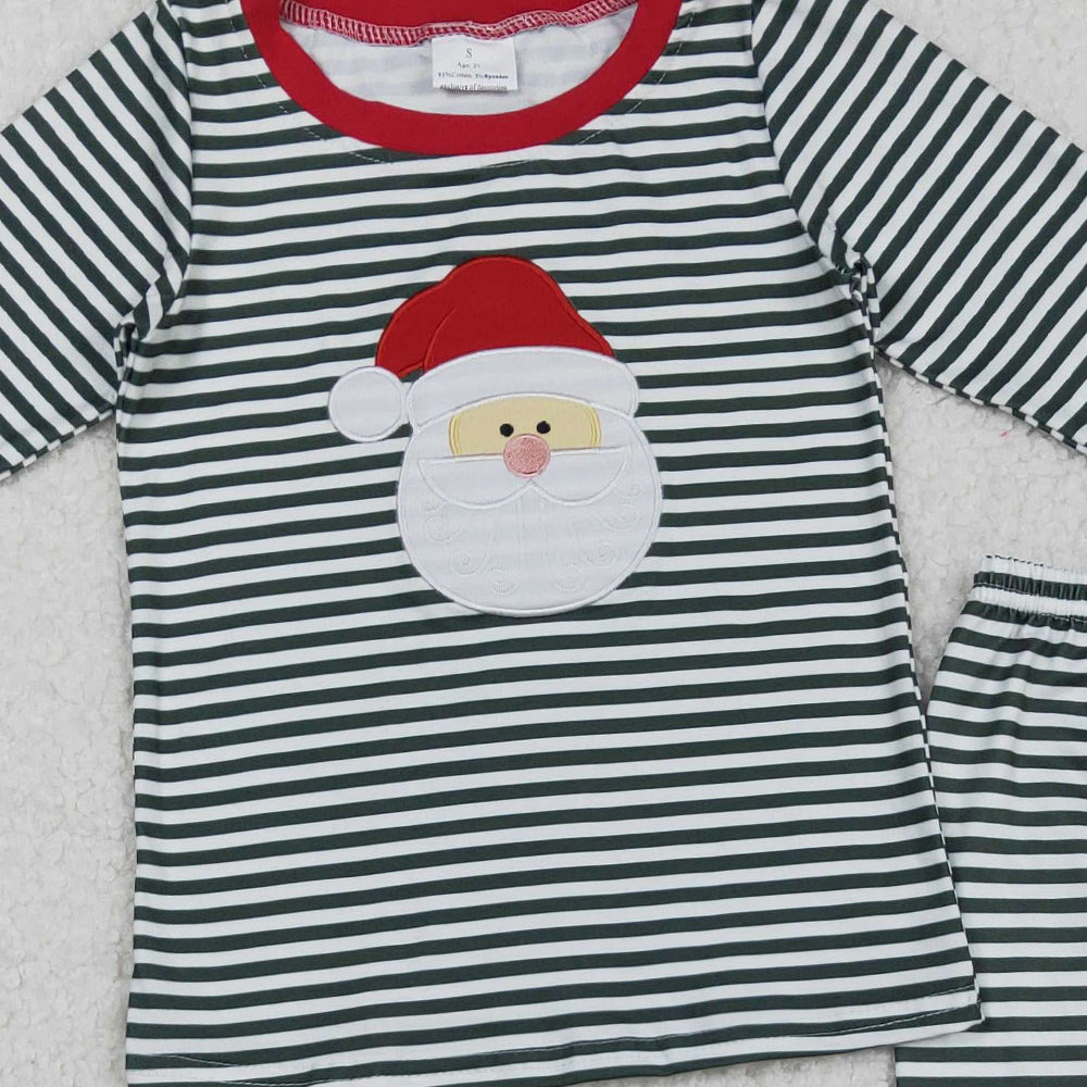 RTS NO MOQ （In stock）BLP1126 Baby Boys Winter Outfits Christmas Green Stripe Santa Pajamas Set Top And Pants Outfit for Holiday Celebrations