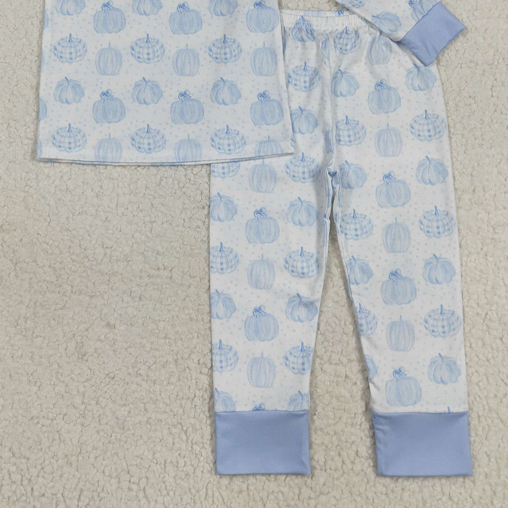RTS NO MOQ （In stock） BLP0469Baby Boys Winter Outfits Blue pumpkin long sleeves kids boys fall pajamas