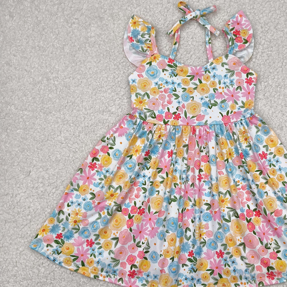 GSD2207 RTS NO MOQ Baby Girls Summer Dress  Kids Girls Yellow Floral Backless Dress with Flutter Sleeves Cute Casual Summer Dress for Girls