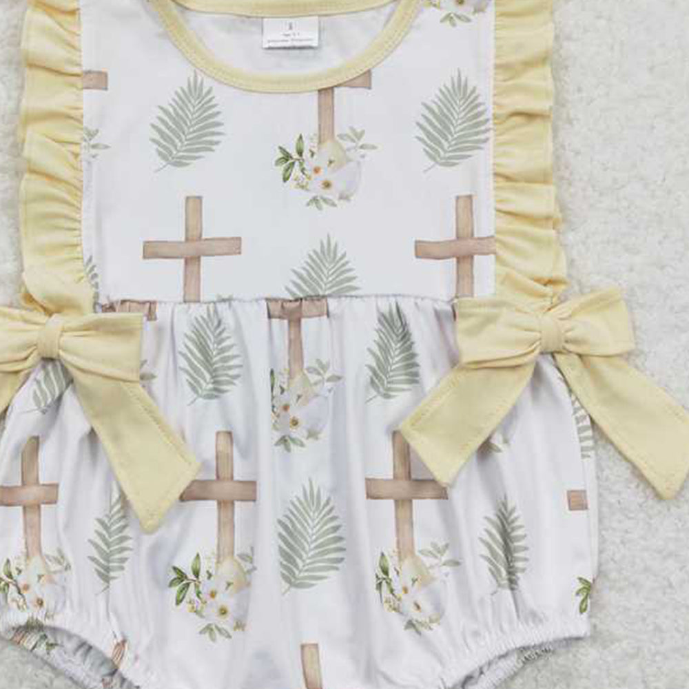 4.18 SR0619 RTS NO MOQ Sleeveless cross he is risen baby girls easter romper