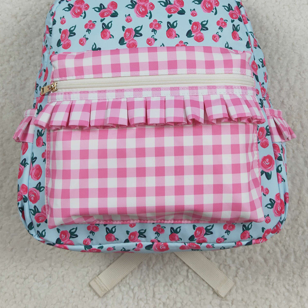 USA Shop (in stock)  BA0217  Baby Kids Girls Pink Flowers Checkered Backpack Zip Back Bags
