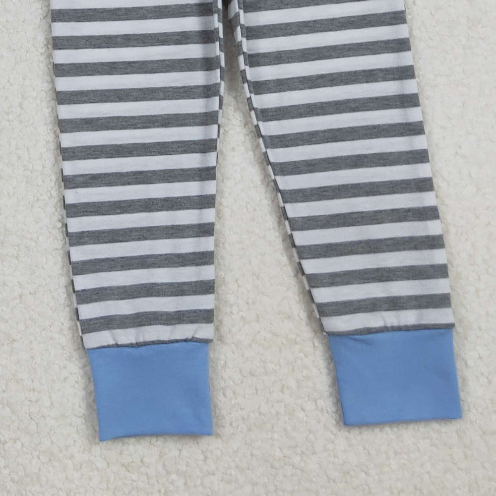 RTS NO MOQ （In stock）BLP1231Baby Boys Winter Outfits Christmas Blue Snowmen Top Stripe Pockets Pants Sets
