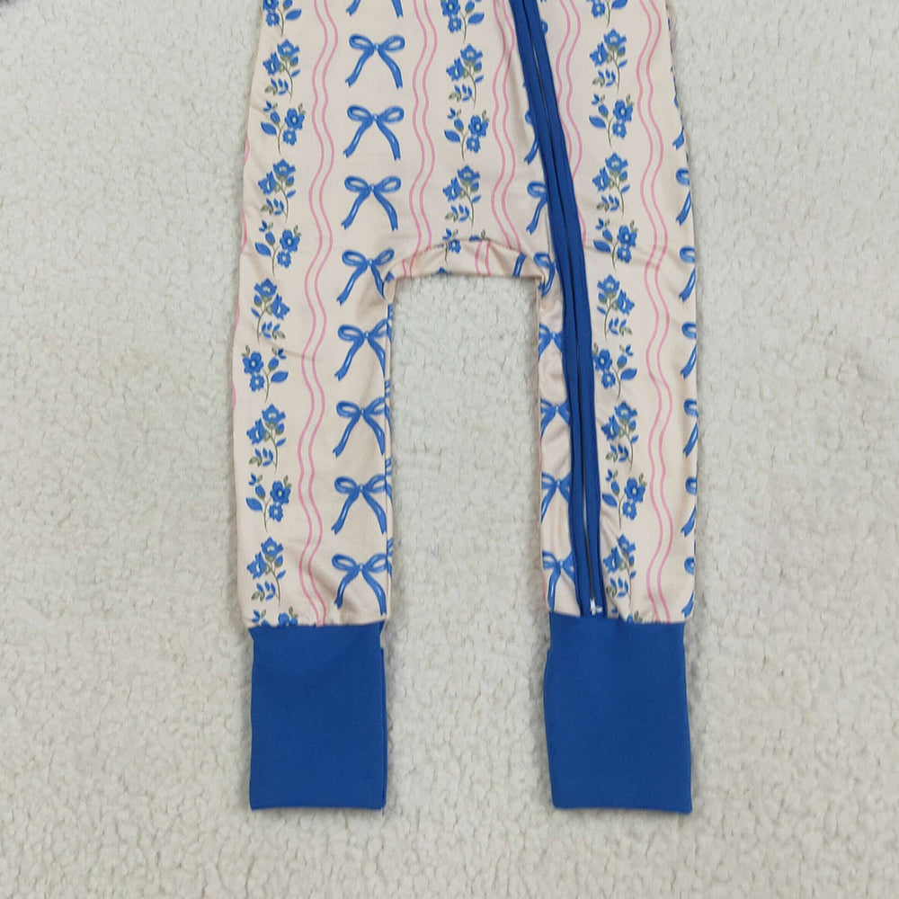 RTS NO MOQ （In stock） LR2327 Baby Girls Winter Rompers Baby Girls Long Sleeves Blue Bows Flowers Stripe Zipper Pant Rompers