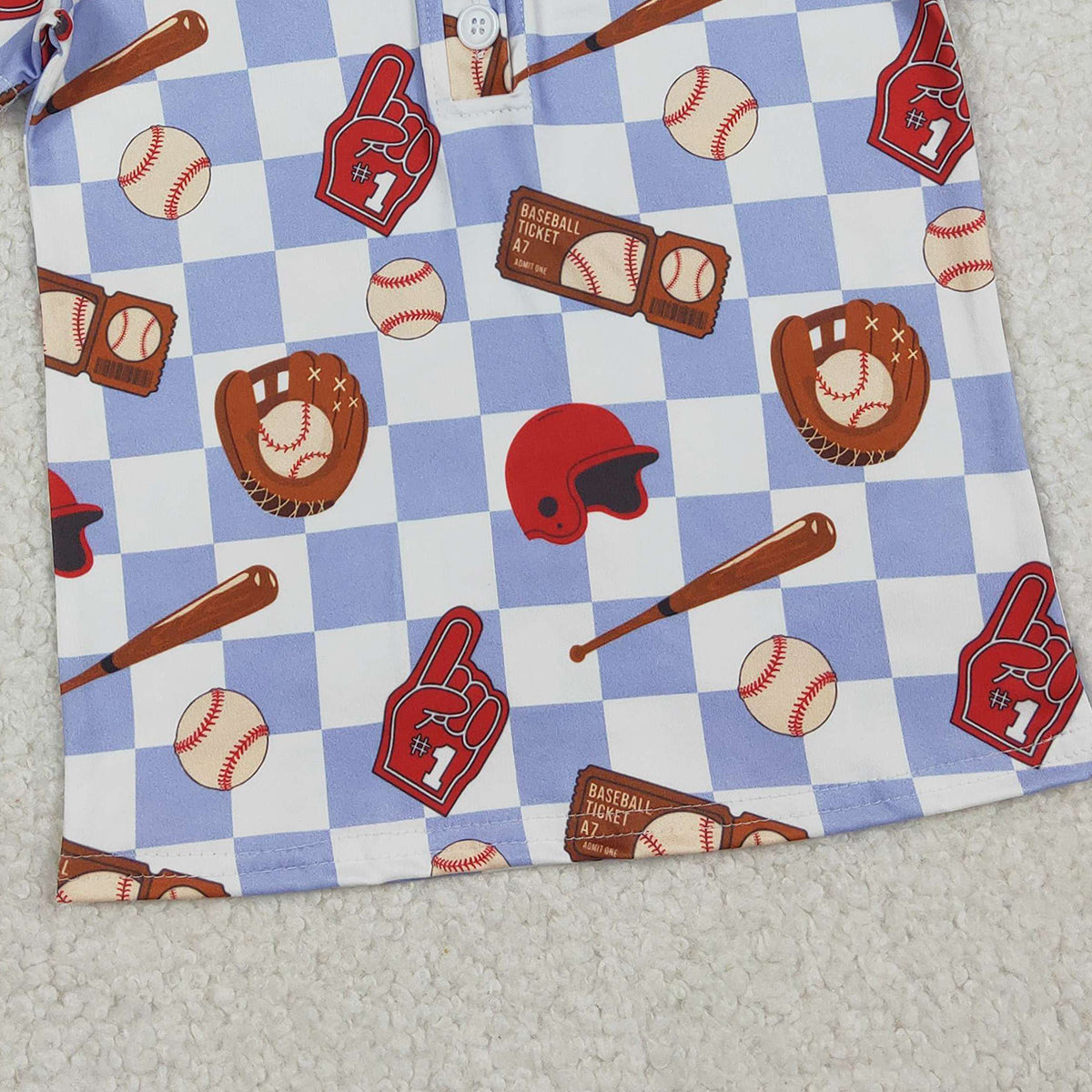 12.18 RTS NO MOQ （In stock）BT1577 Baby Boys Blue Checked Baseballs Team Button Polo Shirts Top