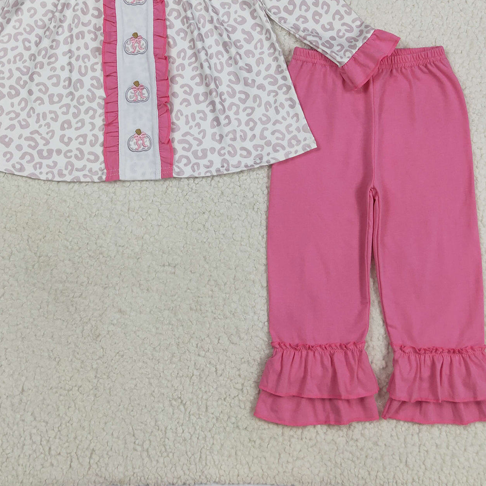 RTS NO MOQ （In stock）GLP2353 Baby Girls Winter Outfits Kids Girls Fall Pumpkin Leopard Tunic Top With Ruffle Pants Set