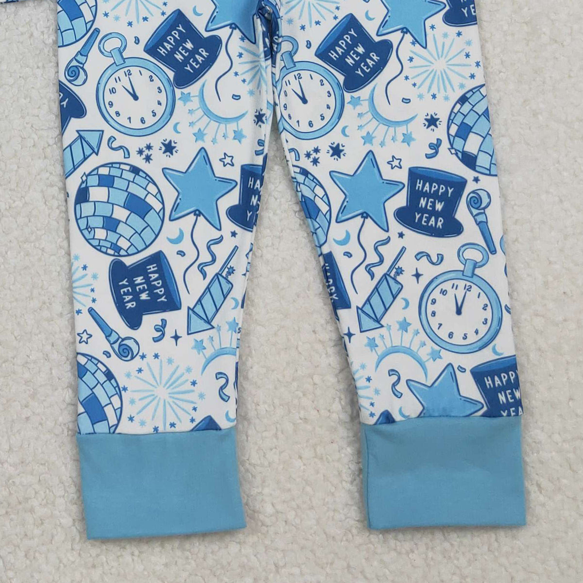 10.20 RTS NO MOQ （In stock）BLP1259 Baby Boys Winter Outfits Baby Boys Blue Pocket Happy New Year Top Pant Pajamas Set