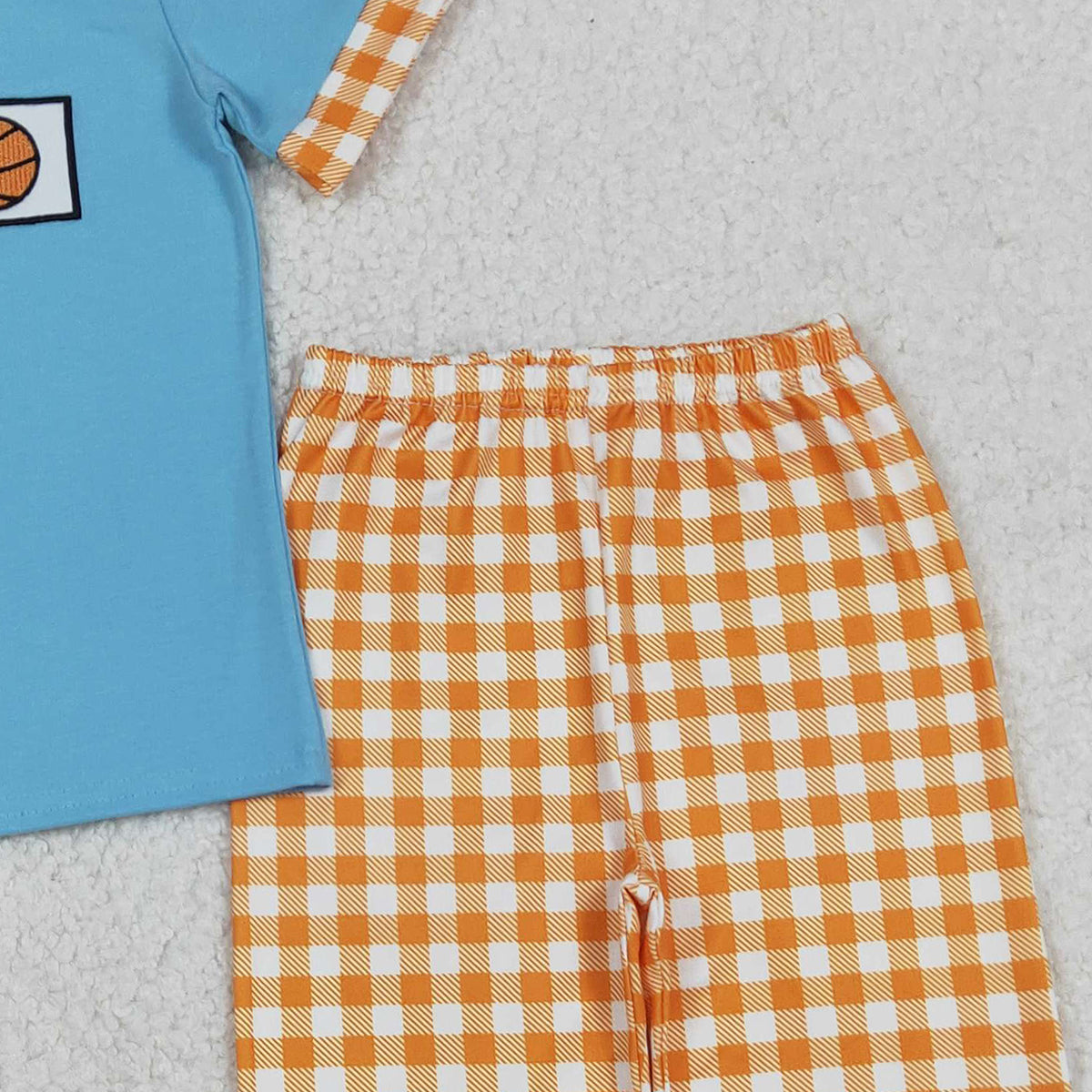 12.12 RTS NO MOQ （In stock）BSPO0619 Embroidery I Love Basketball Baby Boys Top Checked Pants Team Clothes Sets