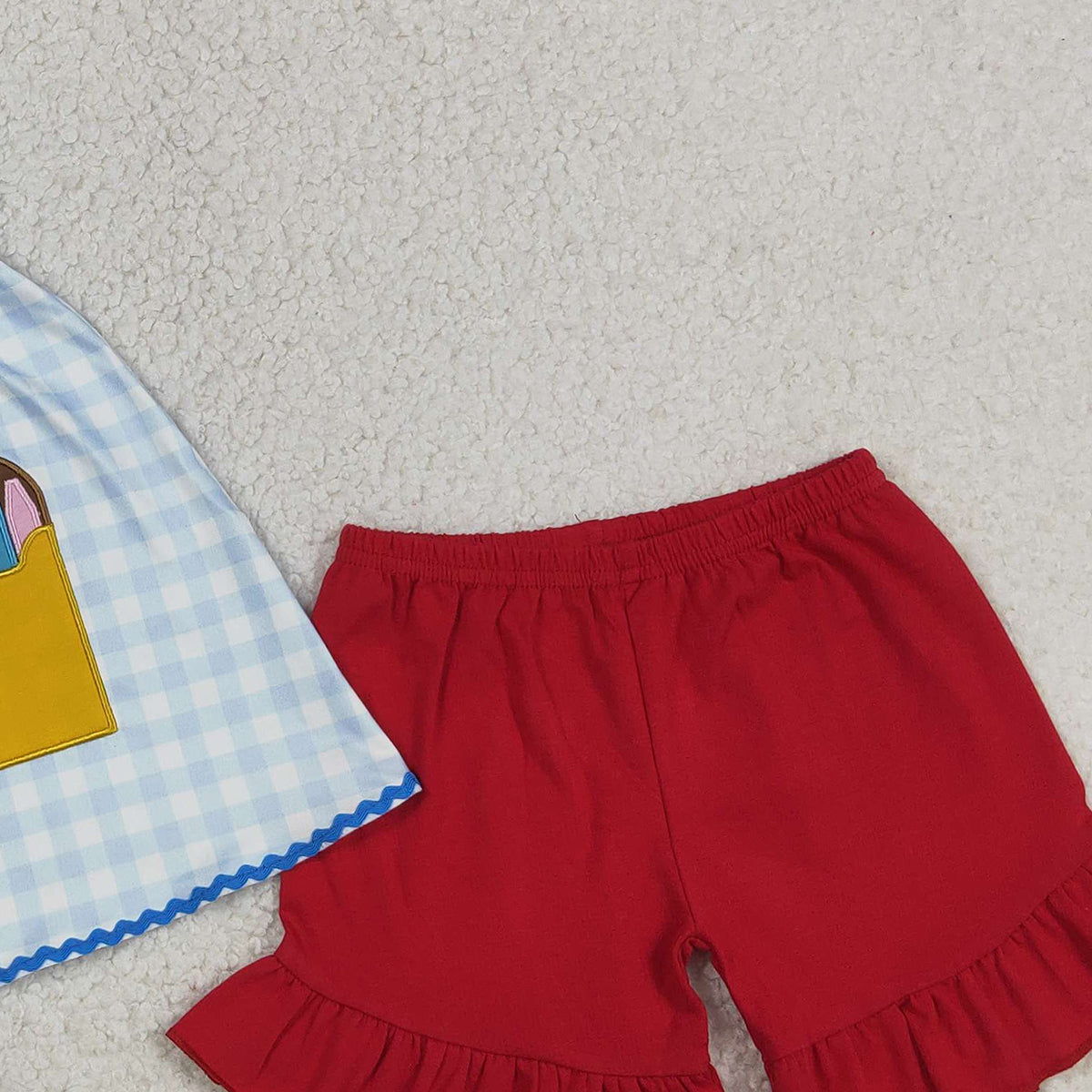 3.12 RTS NO MOQ （In stock）GSSO3101 Kids Clothing for Girls Baby Girls Embroidery Pencils Checked Tunic Ruffle Shorts Back to School Sets