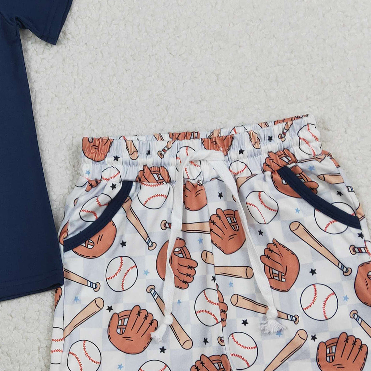 1.16 RTS NO MOQ （In stock）BSSO1669 Baby Boys Navy Shirts Top Baseballs Pockets Shorts Team Clothes Sets