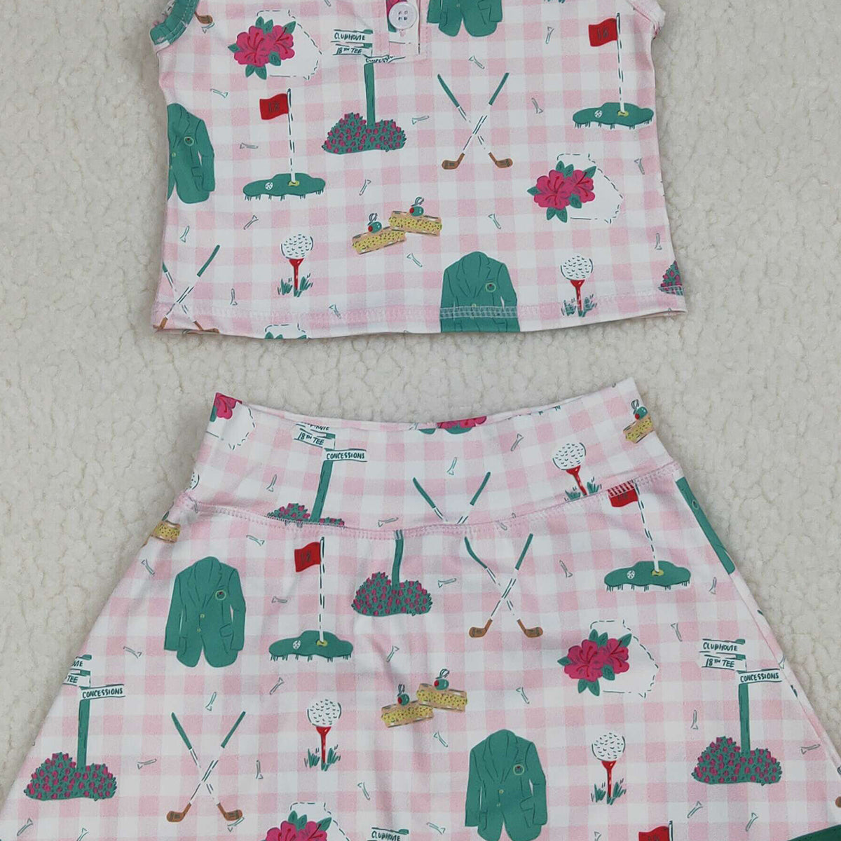 3.21 RTS NO MOQ （In stock）GSD3520 Kids Clothing for Baby Girls Sleeveless Pink Checked Golf Flags Button Top Skirt Short Yoga Active Clothes Sets