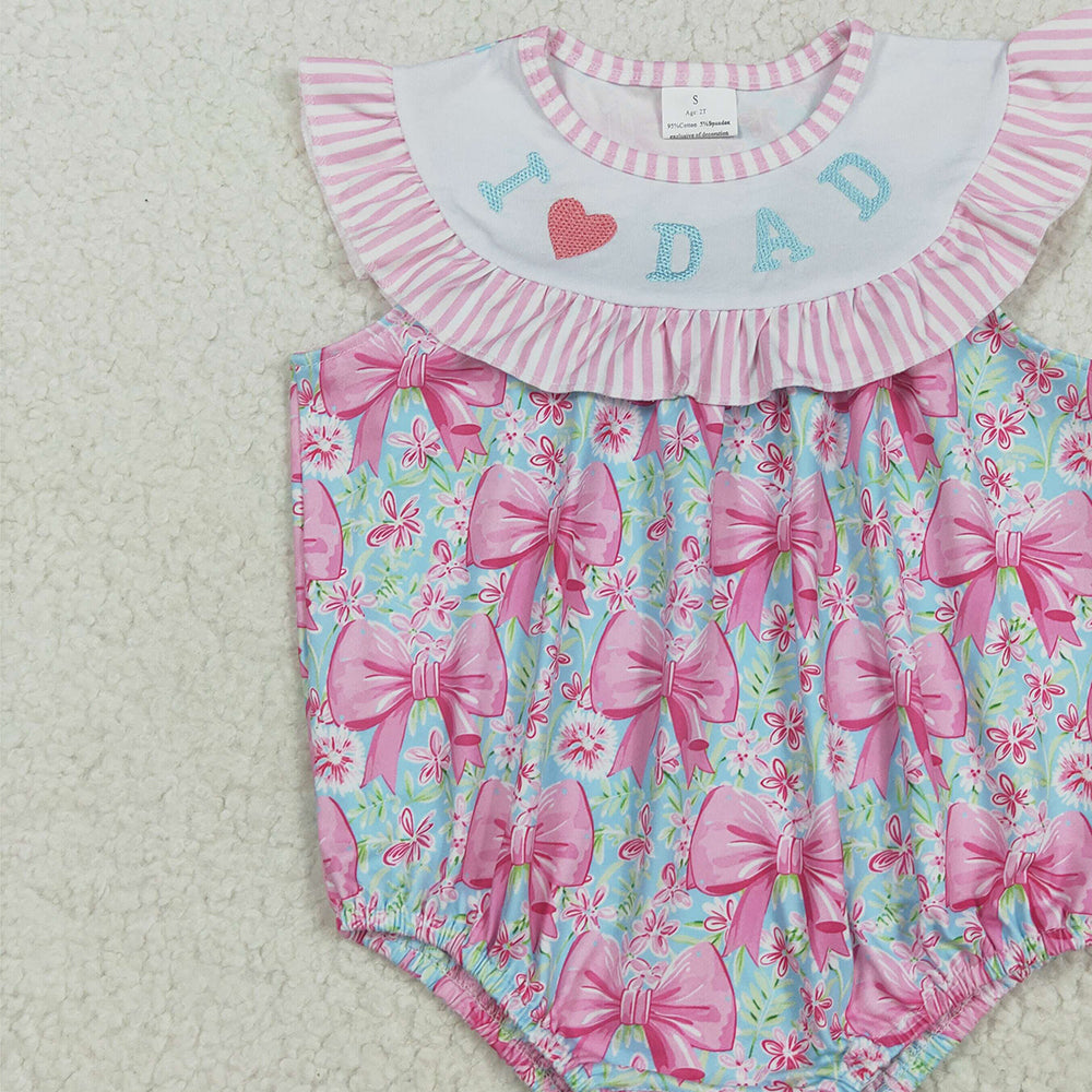 8.11  SR3089 RTS NO MOQ Baby Girls Summer Rompers Embroidery Baby Girls Pink I Love Dad Bows Floral Ruffle Rompers