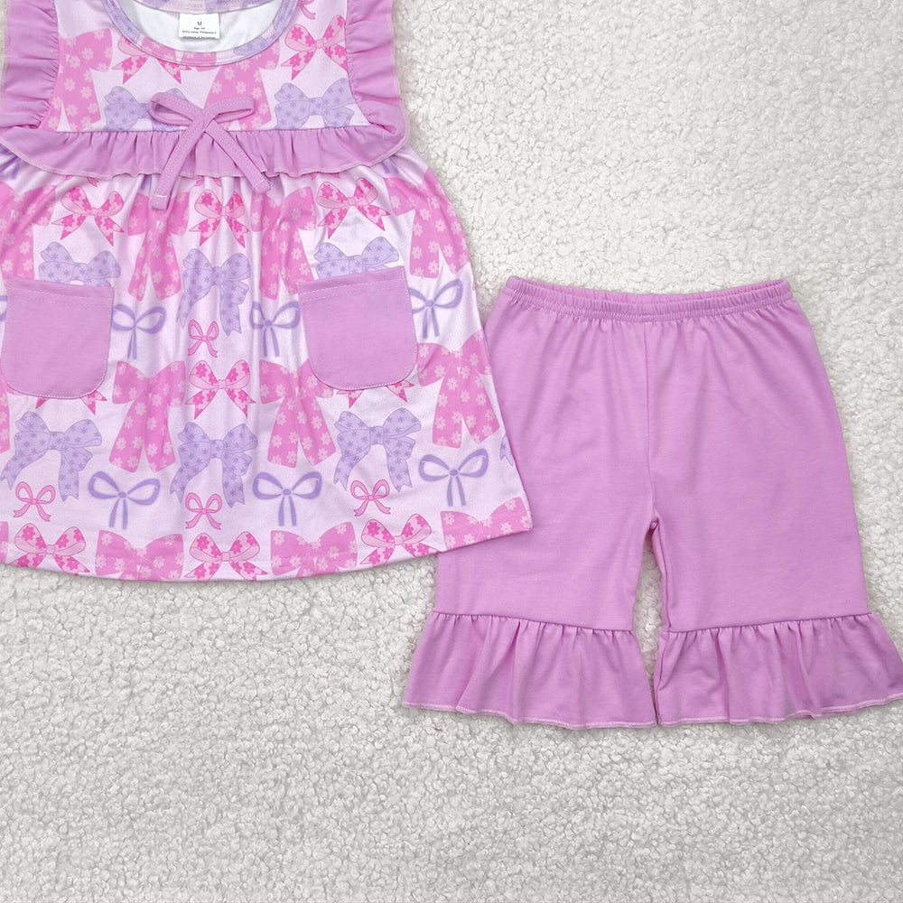 7.17   GSSO2462RTS NO MOQ Baby Girls Summer Outfits baby girl clothes bow sleeveless shorts set