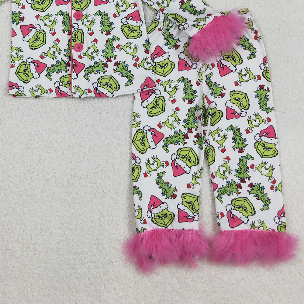 RTS NO MOQ （In stock）GLP2647 Baby Girls Winter Outfits Christmas Green Fur Pajamas Set with Face Buttons Long Sleeve Top And Pants