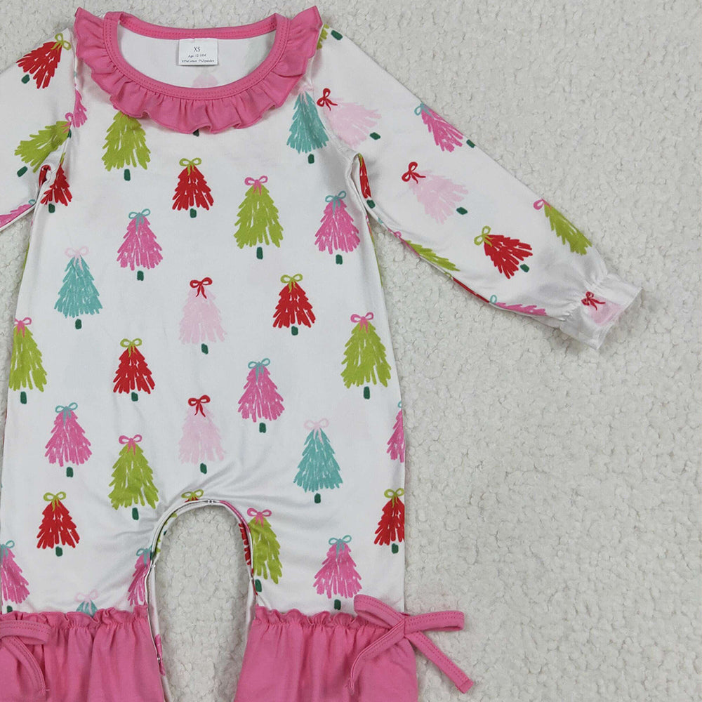 LR2280 RTS NO MOQ Baby Girls Winter Rompers Baby Girls Long Sleeves Colorful Bows Trees Ruffle Pant Rompers