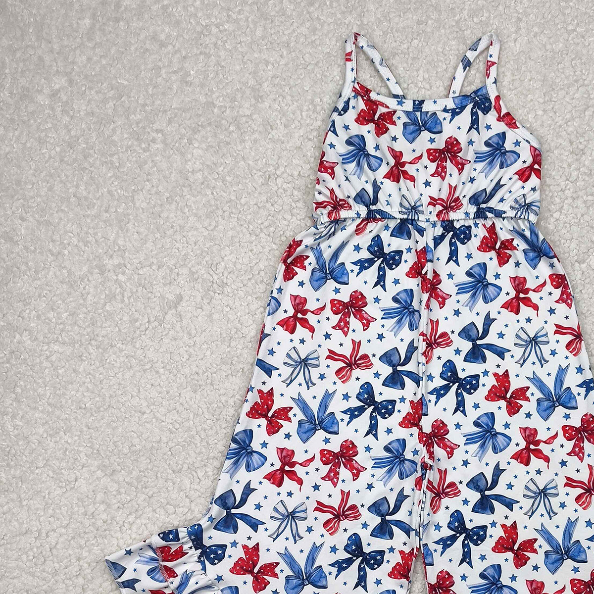 6.09   SR2865 RTS NO MOQ  Baby Girls Summer Jumpsuits Straps stars blue red bow girls 4th of july jumpsuit