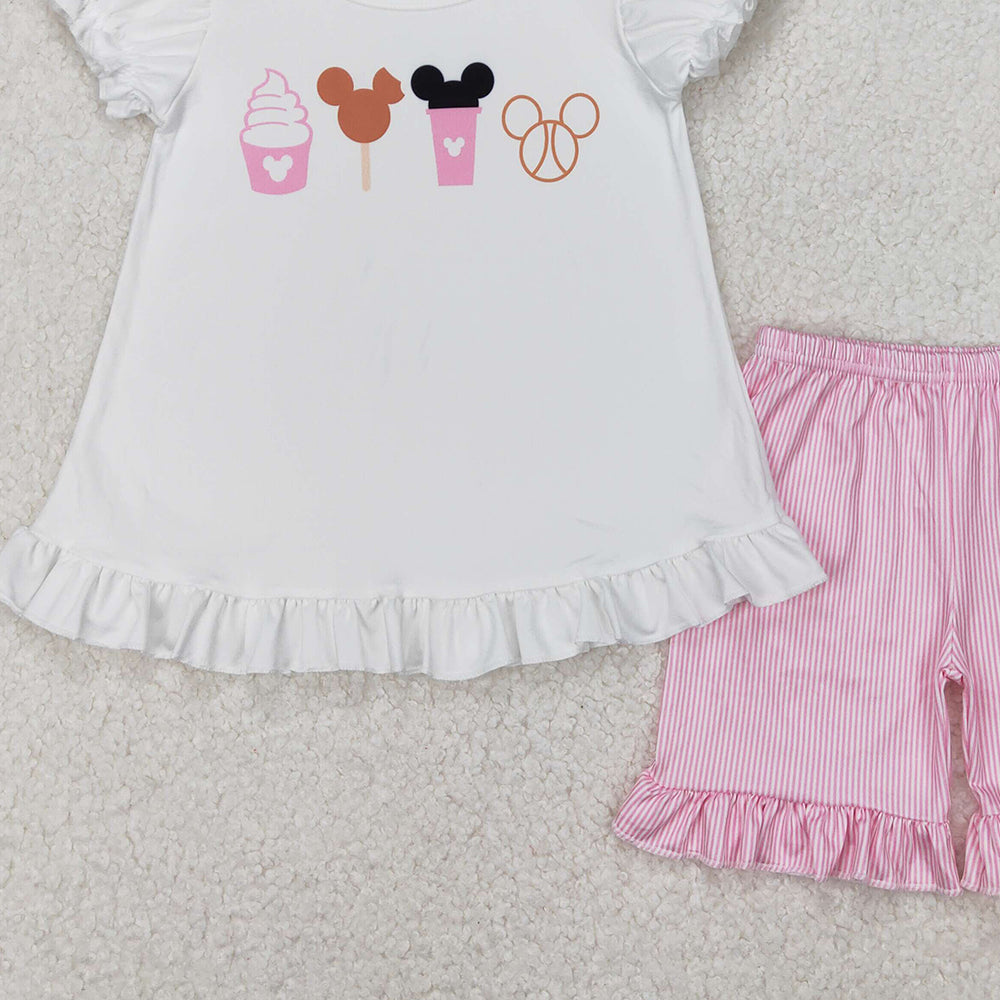 GSSO2127 New Rts No Moq 8-9 Days By Air Arrived it White mouse snacks top ruffle shorts girls clothing