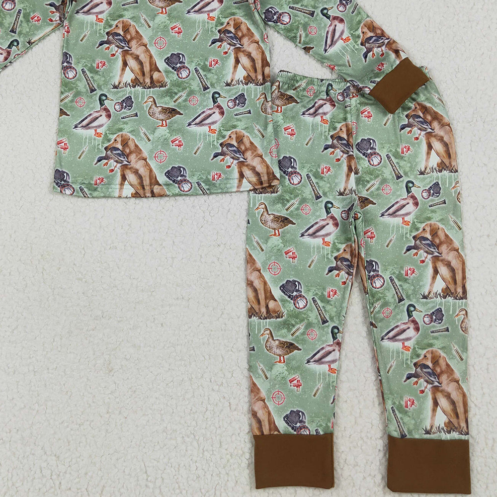 RTS NO MOQ （In stock） BLP1070Baby Boys Winter Outfits Baby Boys Green Long Sleeves Dogs Ducks Hunting Top Pant Pajamas Sets
