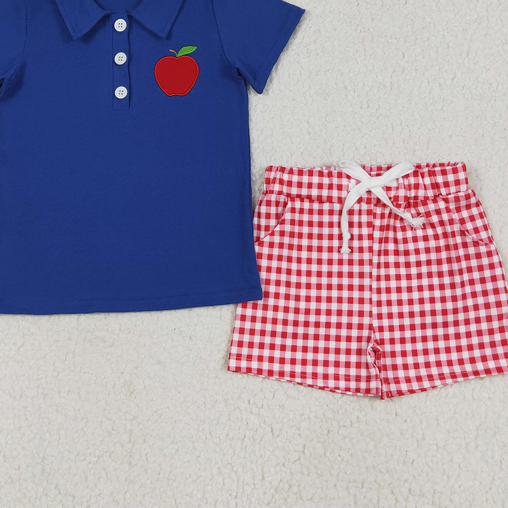 BSSO1397 RTS NO MOQ Baby Boys Summer Boys Outfits Embroidery Baby Boys Hot Navy Short Sleeves Button Down Apple Top Red Plaid Pockets Short Set