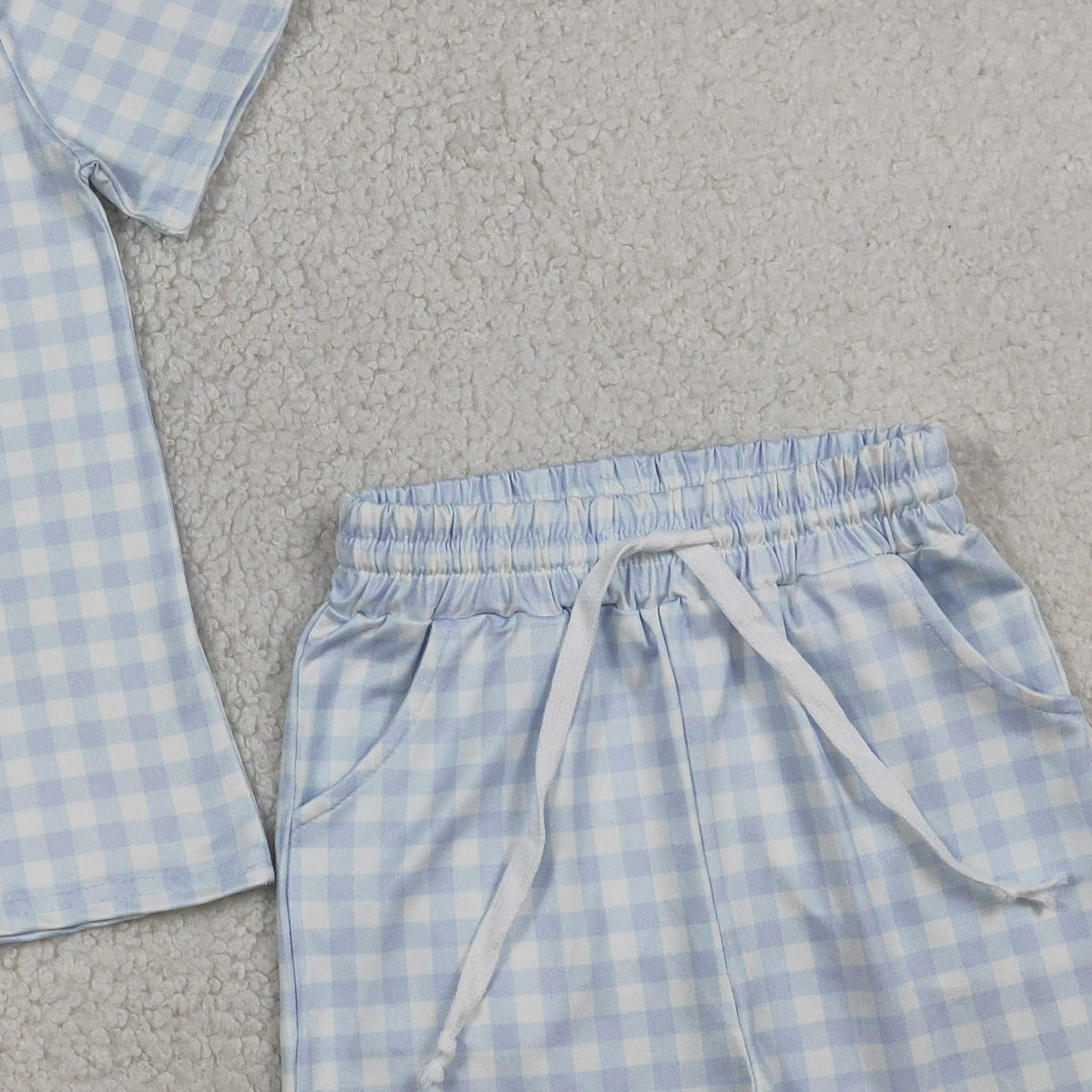 3.26 RTS NO MOQ （In stock）BSSO1896 Fashion Clothing For Baby Boys Short Sleeve Light Blue Checked Top Pockets Shorts Clothes Sets