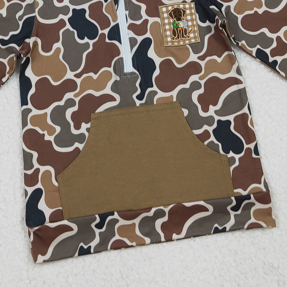 10.10 RTS NO MOQ （In stock）BT1300 Embroidery Dog Duck Baby Boys Brown Camo Pocket Zip Hunting Hoodies