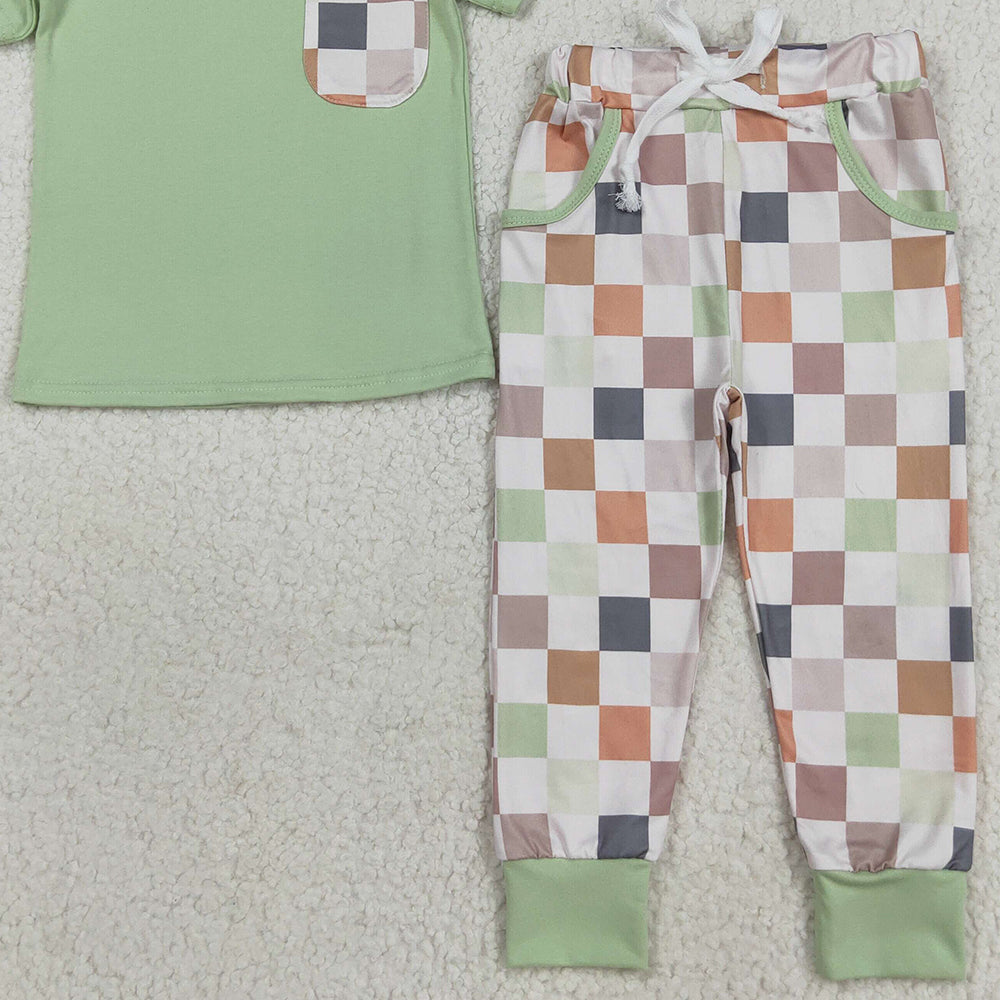 RTS NO MOQ （In stock）BSPO0576 Baby Boys Autumn Outfits Kids Boys Green Short Sleeve Top Checked Pants Set
