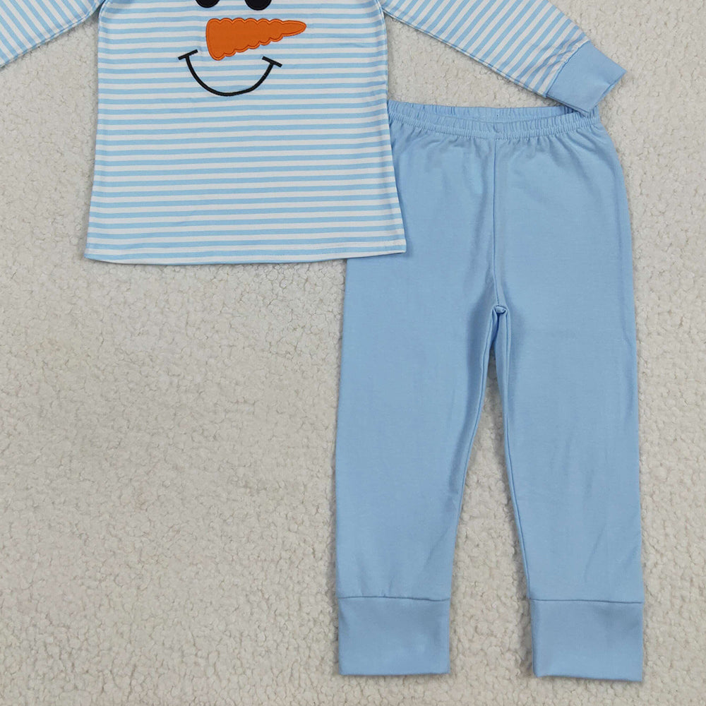 RTS NO MOQ （In stock）BLP1150 Baby Boys Winter Outfits Embroidery Baby Boys Light Blue Stripe Winter Snowman Top Pant Pajamas Sets