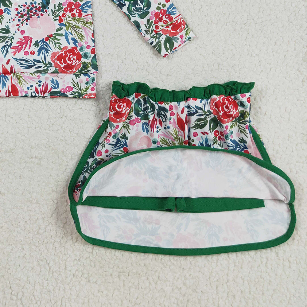 RTS NO MOQ （In stock）GLD1075 Baby Girls Outfits Baby Girls Long Sleeves Green Red Floral Zip Pullovers Top Skorts Clothes Set