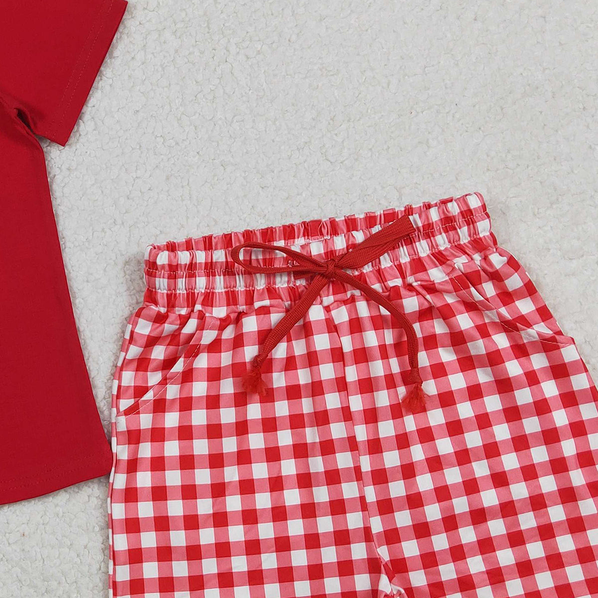 3.7 RTS NO MOQ （In stock）BSSO1884 Children's Fashion Set Baby Boys Red Shirts Top Checked Pockets Shorts Clothes Sets