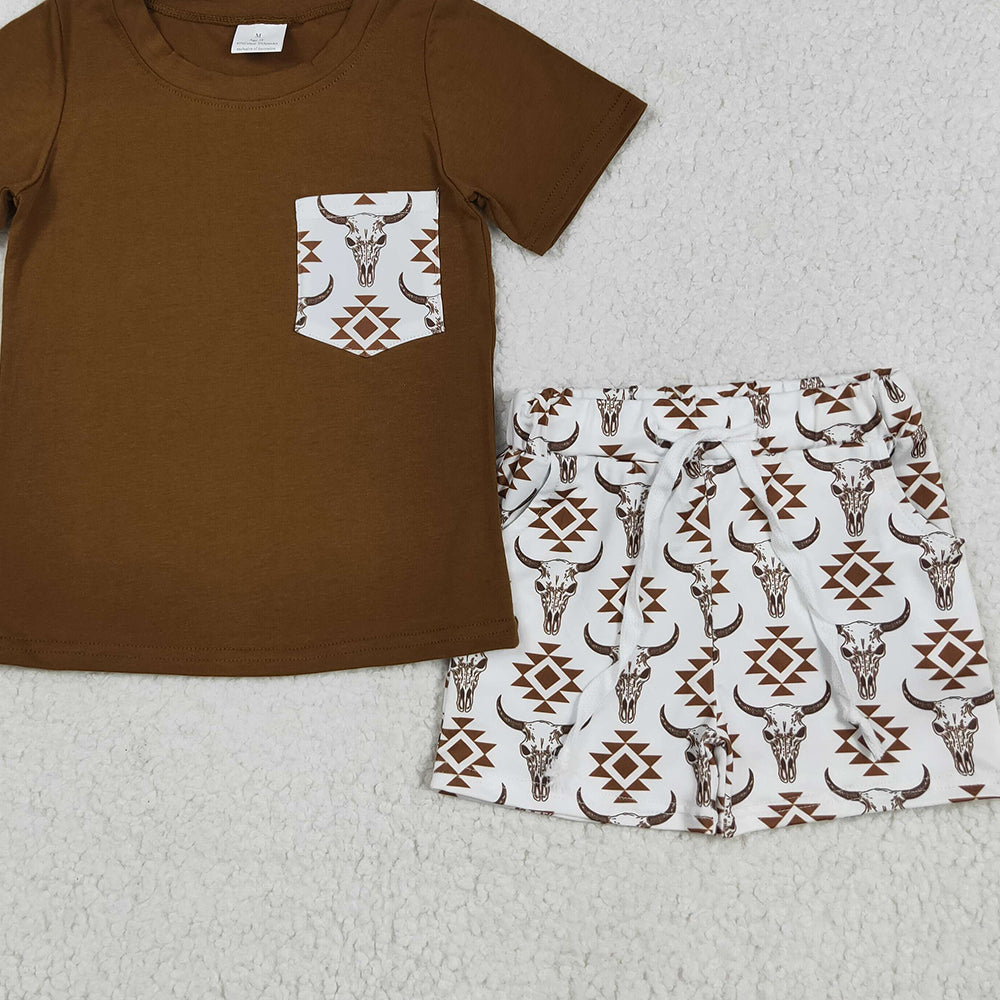 8.25  BSSO1319 RTS NO MOQ Baby Boys Summer Boys Outfits baby boy clothes cow head short sleeve shorts set